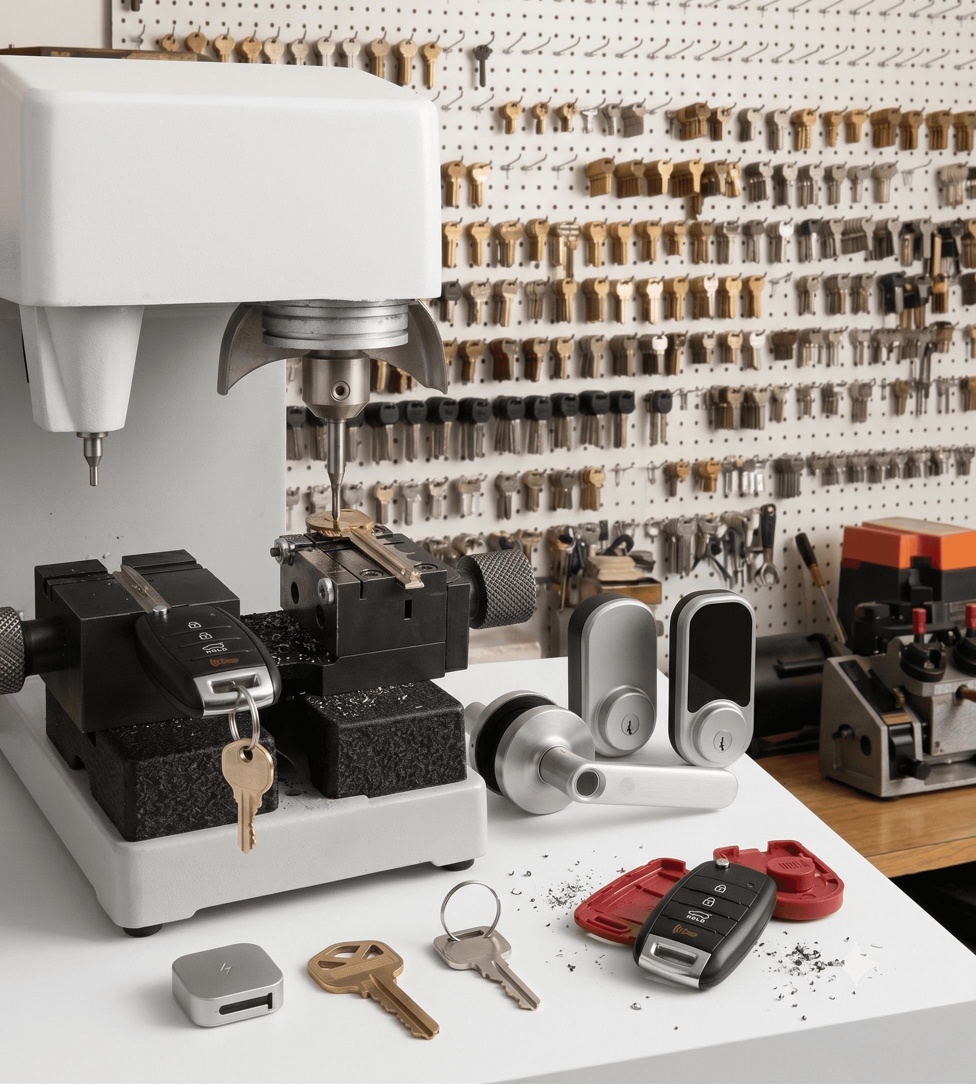 Locksmith key wall and key-cutting workstation