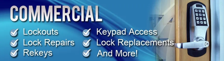 Commercial locksmith services: lockouts, lock repairs, rekeys, keypad access, lock replacements
